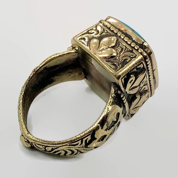 Vintage Ring Middle Eastern: Afghan Turquoise Brass Kuchi Ethnic Statement Boho - Picture 3 of 3